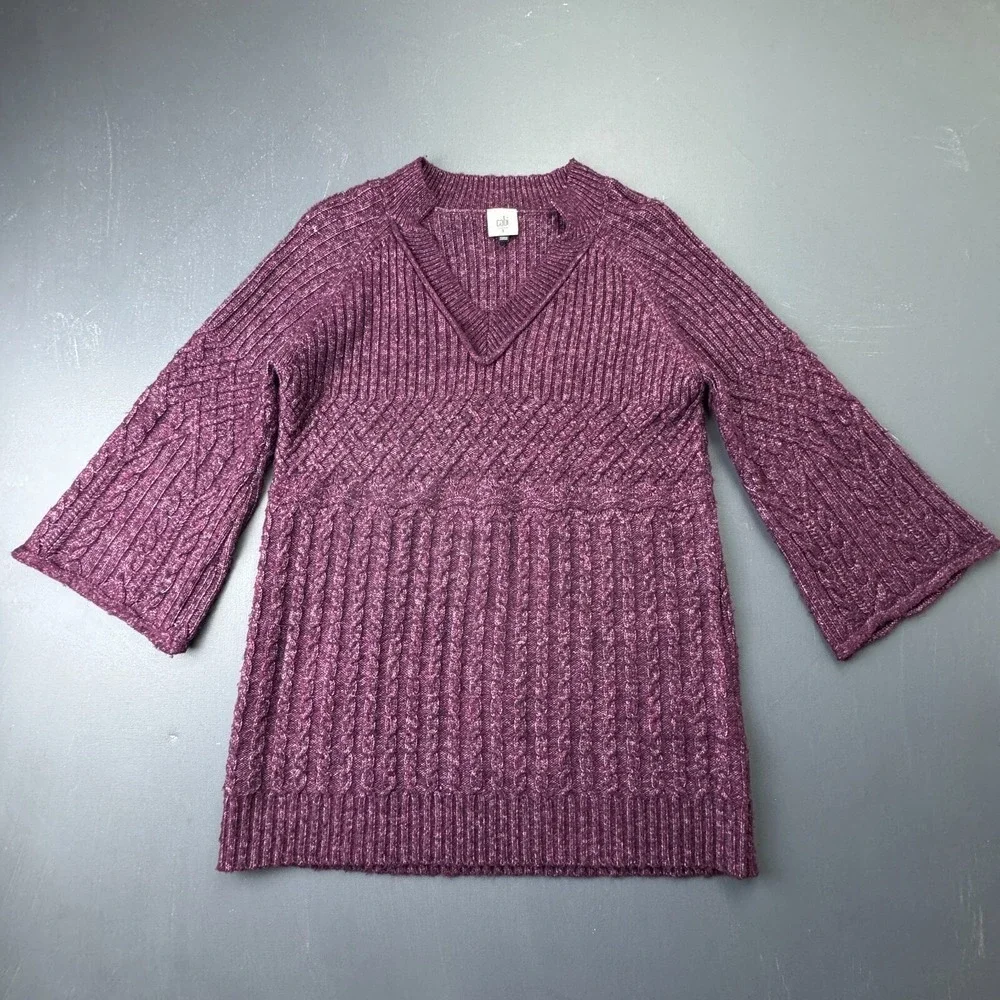 CAbi Womens Size Small Purple Ribbed Knit V Neck 3/4 Sleeve Pullover Sweater Top